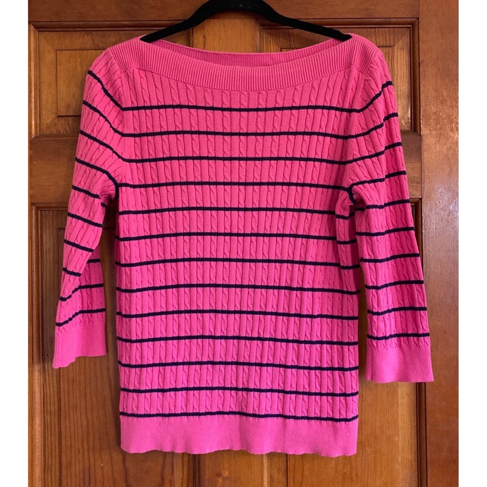 Lauren Ralph Lauren Womens L Pink Striped Cable Knit Boat Neck Sweater Classic